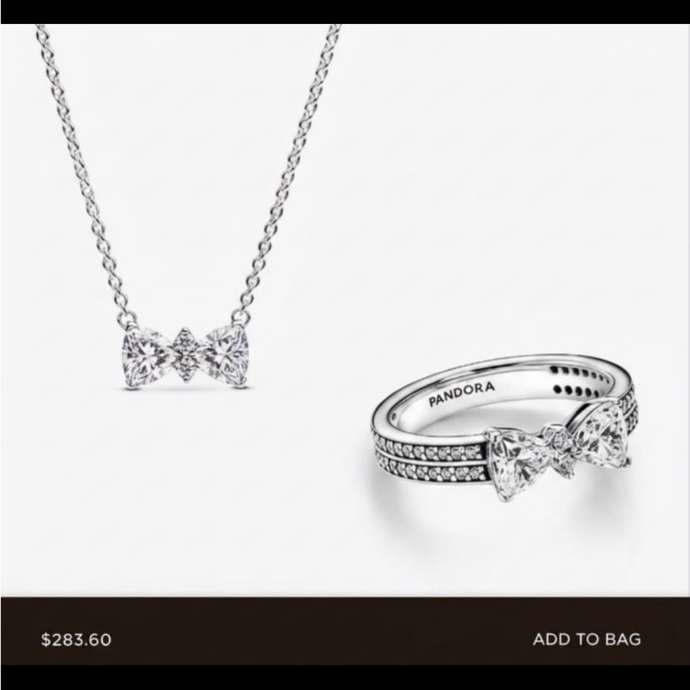 Size 7 Pandora Silver Bow Necklace and Ring Set